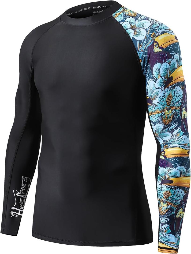 HUGE SPORTS Men's Rash Guard Long Sleeves UPF 50+ UV Sun Protection Quick Drying Splice Compression Swim Shirts (Black, XL)