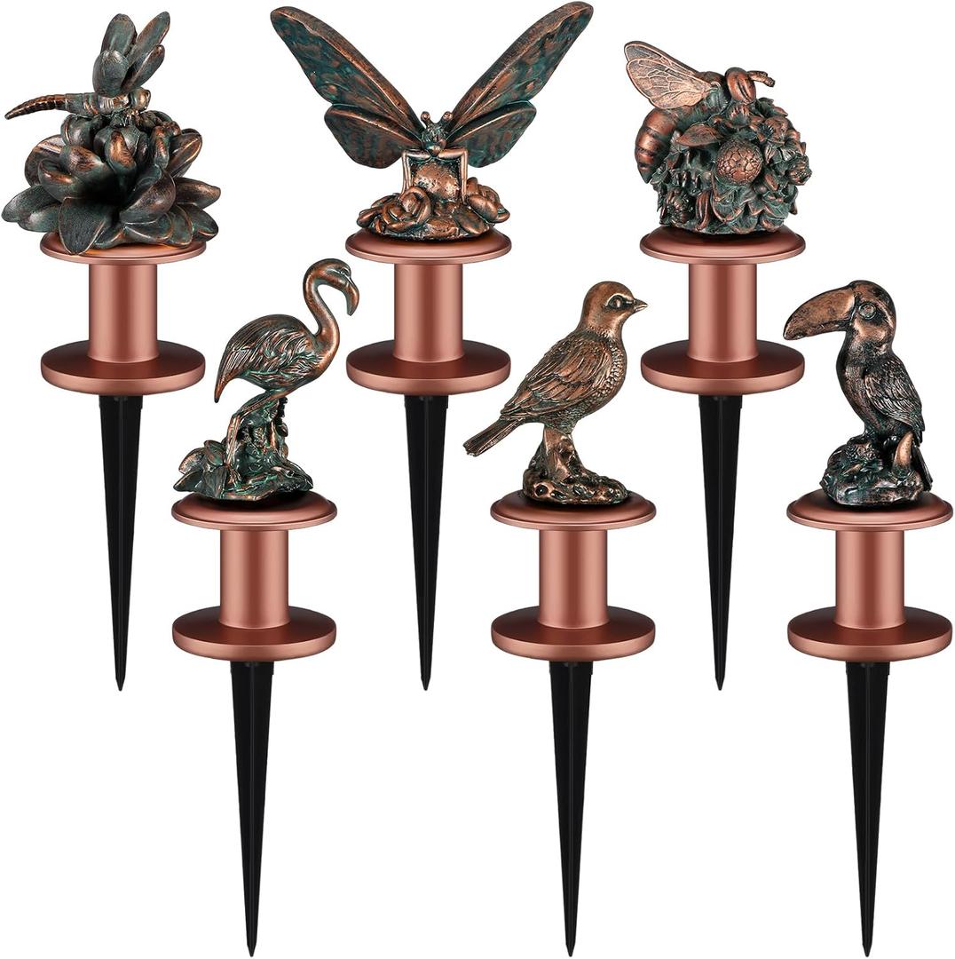 Zonon 6 Pcs Garden Hose Guide Stake Decorative 11.8 Inch Heavy Duty Metal Antique Water Hose Roller Guard Guide Stake Spike Resin Plant Saver Tools for Lawn Yard Garden(Antique Copper,Birds)