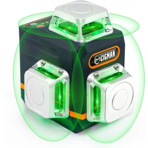 CIGMAN Laser Level Self Leveling 3x360 3D Green Cross Line for Construction and Picture Hanging, Rechargeable battery, Remote Controller, Magnetic Rotating Stand Included