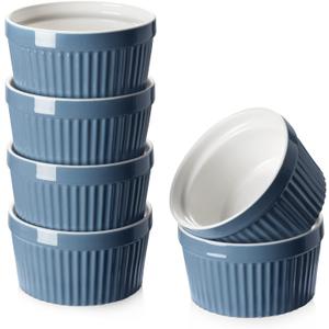 DOWAN 8 oz Porcelain Ramekins Bowls for Souffle, Creme Brulee, Classic Style Ramekins for Baking Oven Safe, Set of 6, Airy Blue