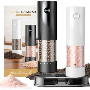 Electric Salt and Pepper Grinder Set - Rechargeable Automatic Salt and Pepper Shakers, Kitchen Appliances with External Adjustable Coarseness, Larger Hopper for Cooking, Home Gifts(2 Pack,Black/White)