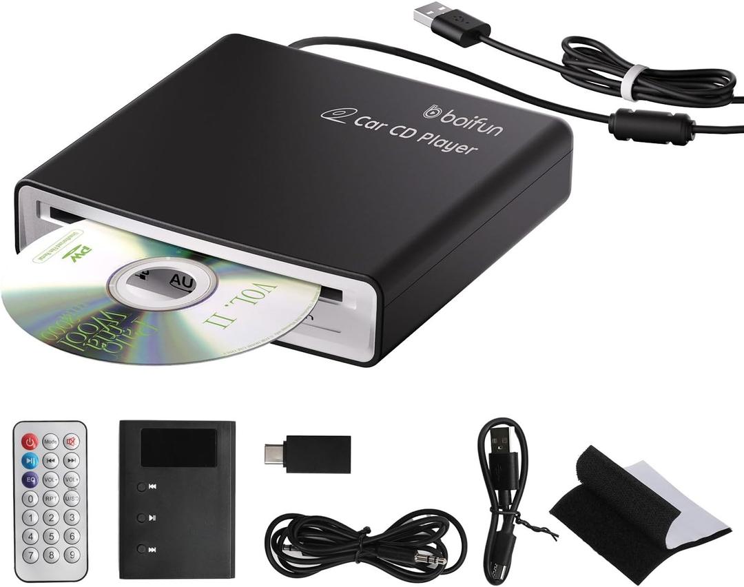 Portable CD Player for Car, External Car CD Player USB Plug & Play, Built-in Decoder for Enhanced AUX Sound, Anti-Skip, Resume Function, Compatible with Most Cars, SUVs, Trucks, TV, PC. Boifun
