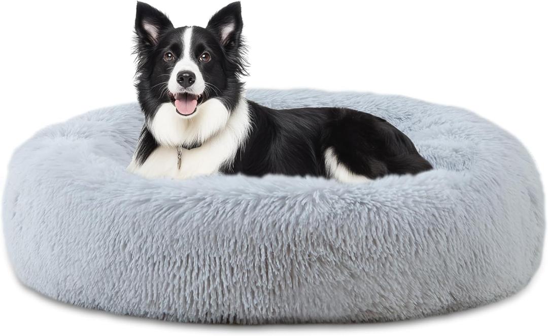 ELSKER&HOME Calming Dog Bed,Donut Washable Warming Soft Round 39 inches Dog Beds for Large Dogs,Anti-Anxiety Fluffy Plush Cushion Bed Fits up to 120 lbs Pets (Grey)