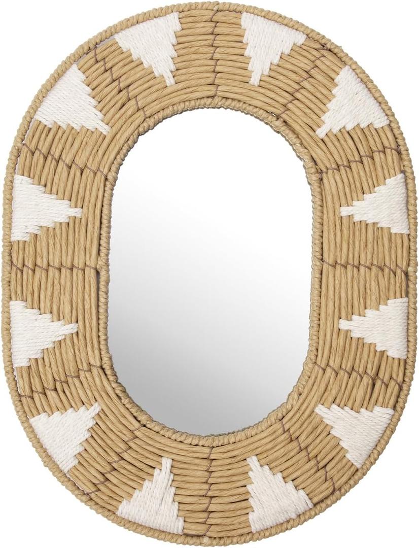 Briful Bohomain Wall Mirror Oval Decorative Mirror Seagrass Wall-Mounted Mirror Farmhouse Home Dcor, Hanging Wall Art for Living Room Bedroom Dining Room, Size-16.54''x12.6'' (Brown and White)