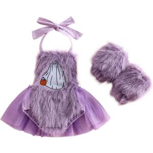 Guodeunh Baby Girl Halloween Costumes Ghost Embroidery Romper Bodysuit Furry Infant Toddler Spooky Cosplay Outfit Leg Warmers (Ghost-2, 18-24 Months)