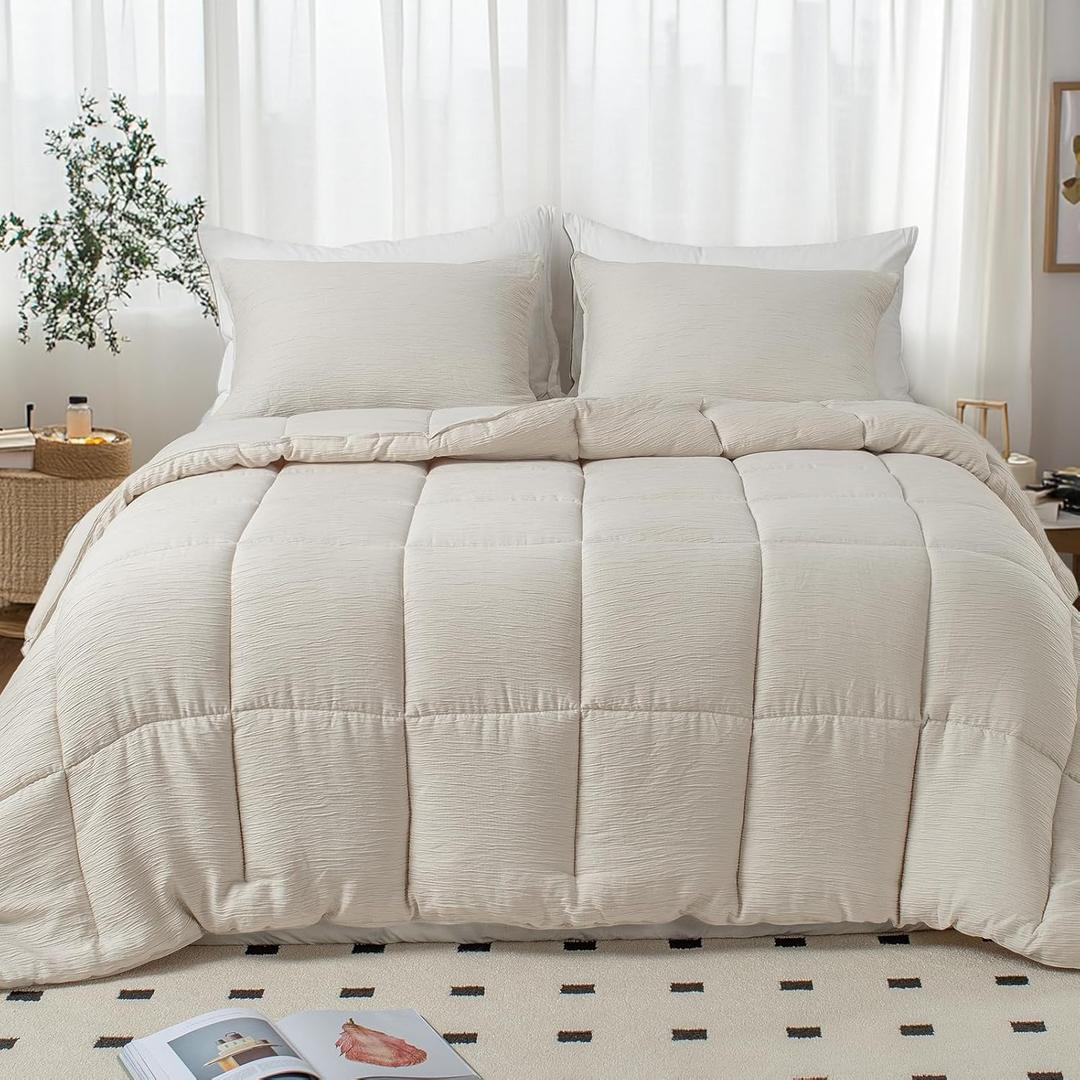 KASENTEX King Comforter Set - 3-Piece Farmhouse Bedding with Breathable Double Muslin Fabric, Ultra Soft and Fluffy Down Alternative, Lightweight Duvet Insert, Machine Washable, All-Season, Sand