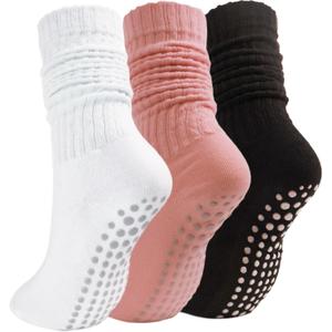 Grip Pilates Socks for Women, Non Slip Yoga Slouch Socks with Gripper, Long Scrunch Tall Crew Sock for Ballet Hospital Pink