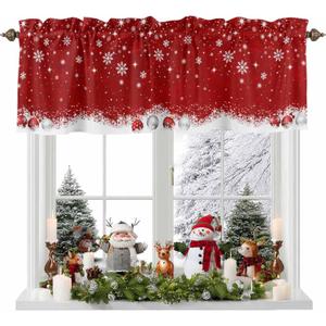 Christmas Valance Curtains Christmas Balls Christmas Kitchen Curtains Window Treatment Holiday Decor Winter Snowflakes Red Rod Pocket Valances for Kitchen Bathroom Living Room 54x18 Inch, 1 Panel
