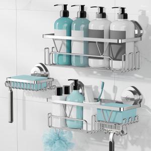 KEGII Suction Cup Shower Caddy 3 Pack Suction Cup Shelf with Soap Holder & Hooks, Rustproof Stainless Steel Shower Organizer Rack, Removable No Drilling Bathroom Storage Rack, Silver