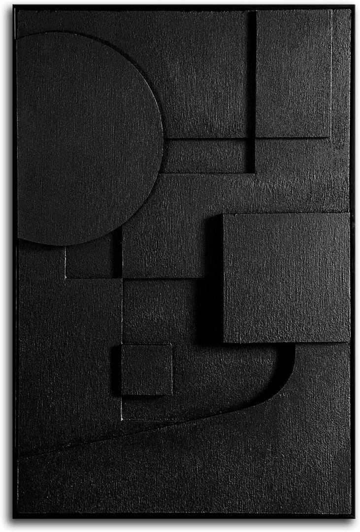 Slyart Black Textured Wall Art, Handmade Contemporary Art 3D Abstract Relief Painting, Framed Thick Texture Vertical Wall Art 24x36 Inch