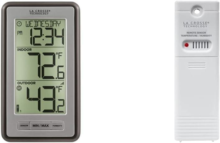 La Crosse Digital Indoor Outdoor Thermometer Bundle with Wireless Outdoor Temperature Humidity Sensor, 24-hr Display, Multi-Format Calendar, Battery Monitoring