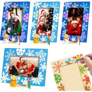 Geelin 24 Sets Winter Wooden Picture Frame DIY Painting Craft Bulk, Christmas Snowflake Photo Frame Crafts 4 x 6 Inch Christmas Arts Decor for Winter Holiday Party Home Classroom Tabletop Ornaments