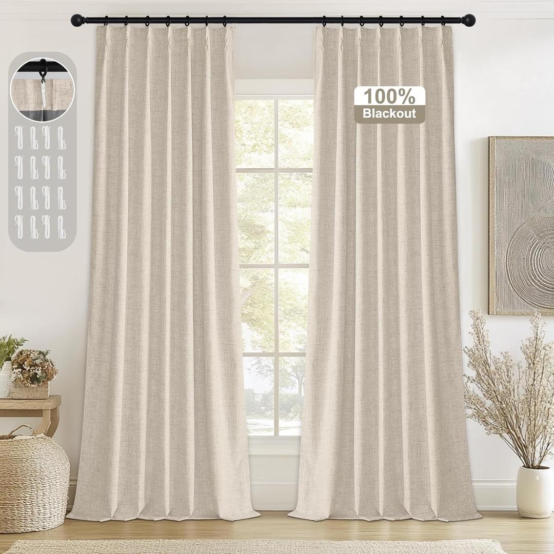 StangH Pinch Pleated Full Blackout Linen Curtains for Living Room, Thermal Insulated Farmhouse Drapes with Hooks Rustic Soundproof Track System Panels for Bedroom Nursery, W40 x L90, 2 Panels