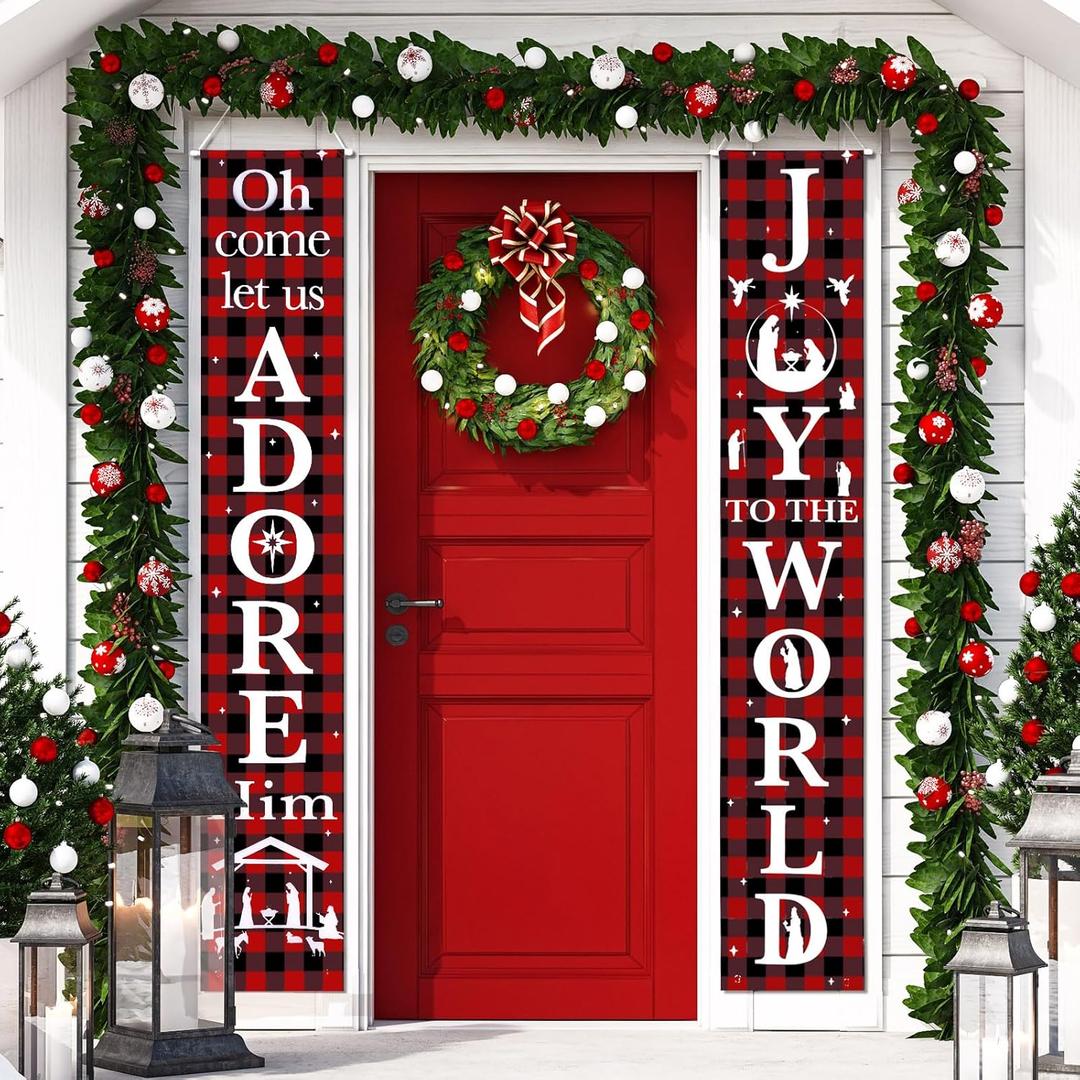 Christmas Nativity Porch Sign Joy to the World Winter Holiday Hanging Banner Flag Holiday Banner Outdoor for Christmas Decorations Door Porch Yard Indoor Outdoor, 71 x 12 Inch (Plaid)