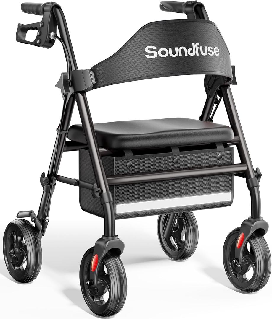 Rollator Walkers with Seat for Seniors, Foldable 8" Big Wheels All Terrain Rolling Walker, Handles and Ergonomic Seat Height Adjustable, 350 lb (Black)