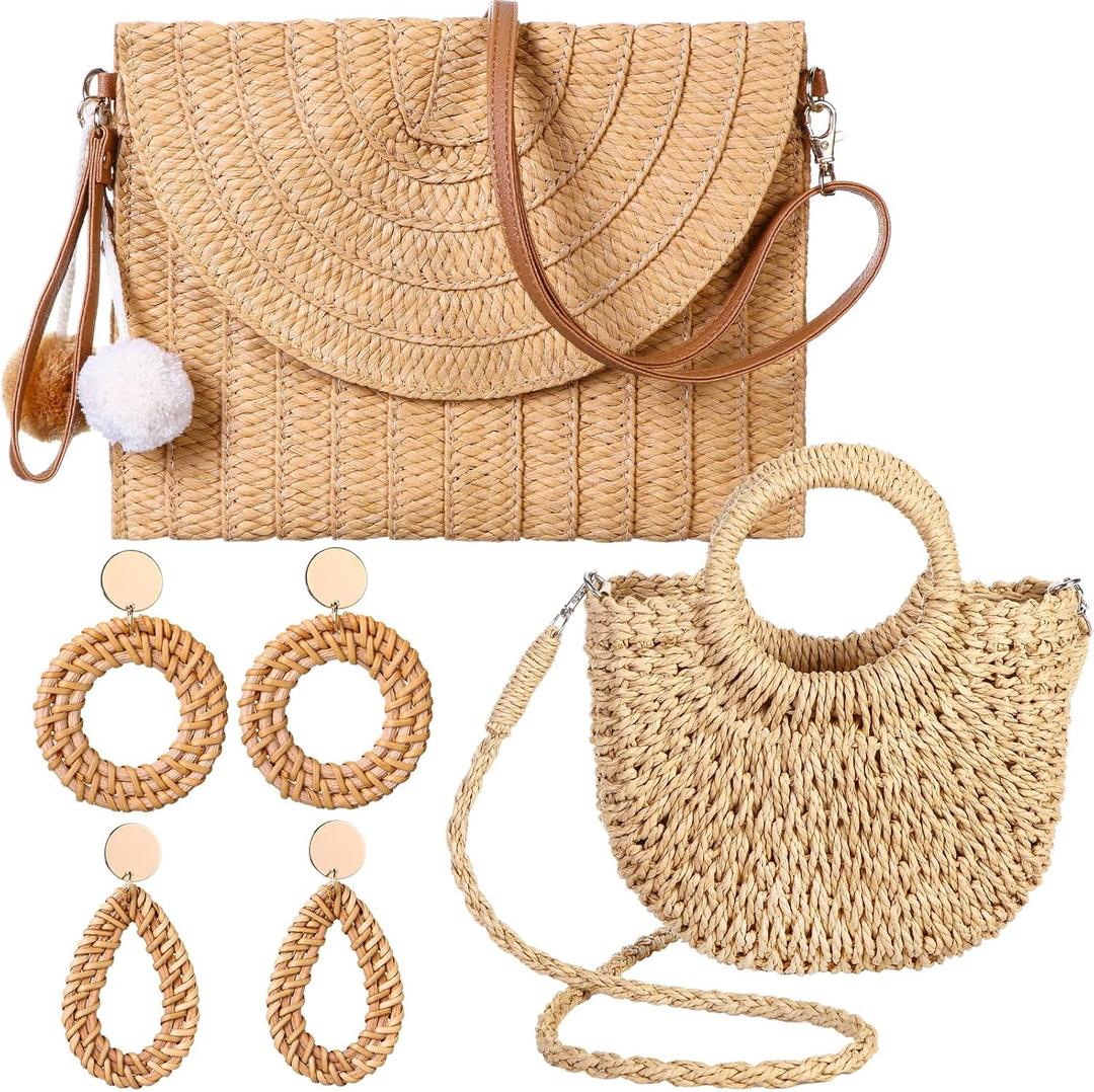 JaGely 2 Pack Women Straw Crossbody Bag Straw Clutch Rattan Purse for Women with 2 Pairs Rattan Earrings for Summer Beach Holiday Accessories JaGely 2 Pack Women Straw Crossbody Bag Straw Clutch Rattan Purse for Women with 2 Pairs Rattan Earrings for Summer Beach Holiday Accessories