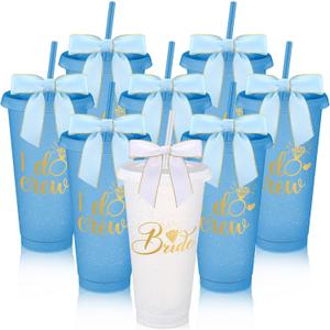 8 Pcs Bridesmaid Plastic Tumbler with Straw Lid and Twist Bow 24 oz I Do Crew and Bride Reusable Tumbler Bridal Party Proposal Gifts Bachelorette Party Gifts for Wedding Bridal Bridesmaid(Light Blue) (EXP 09/13/28)