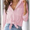 Striped Button Down Shirts for Women Cotton Dress Shirts Long Sleeve Collared Blouses Work Business Casual Tops (Pink, M)