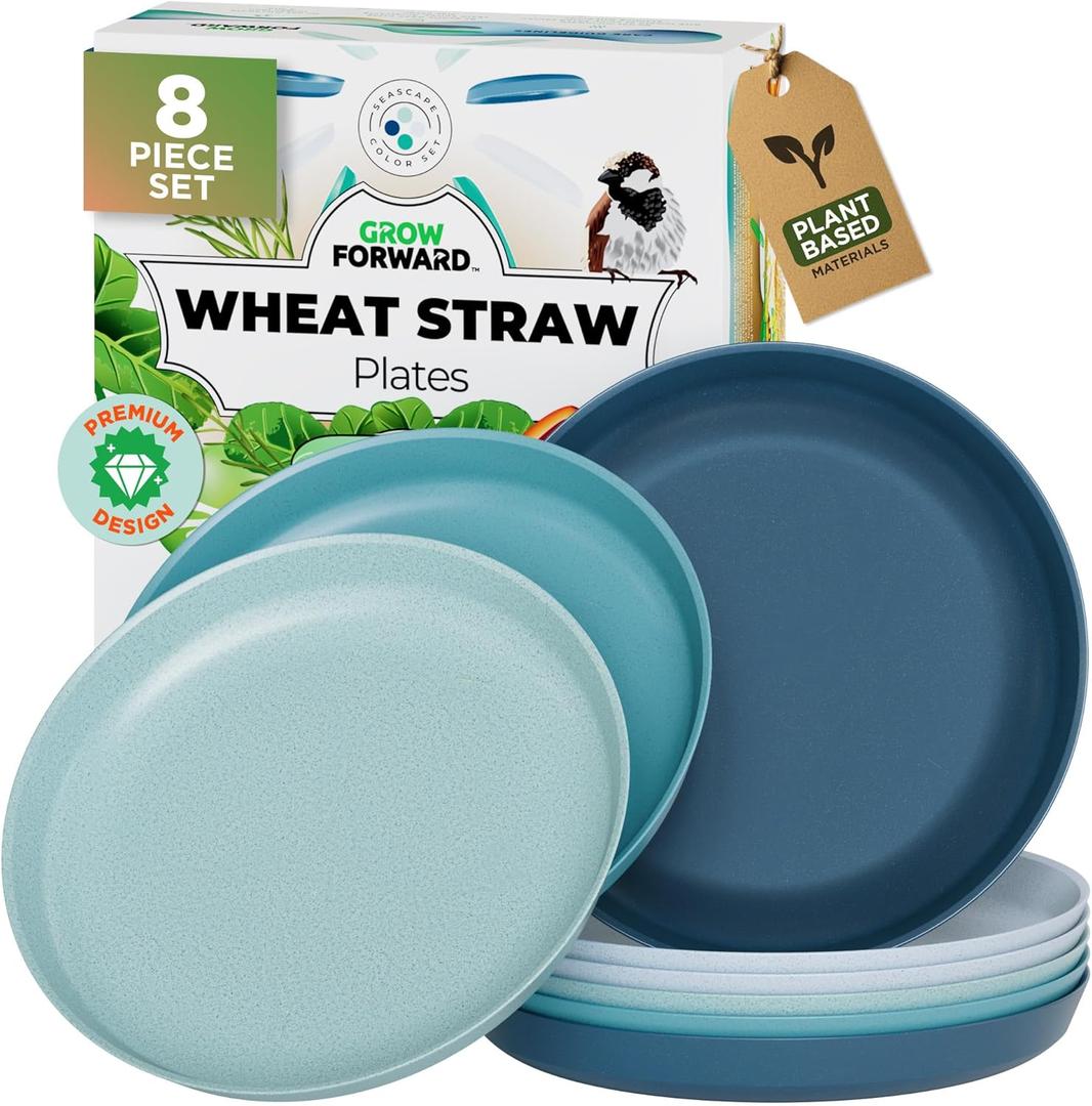 Grow Forward Premium Wheat Straw Plates - 10 Inch Reusable Hard Plastic Dinner Plates Set of 8 - Unbreakable Microwave Safe Plates for Dessert, Camping, RV, Outdoors, Patio, Kitchen Dishes - Seascape