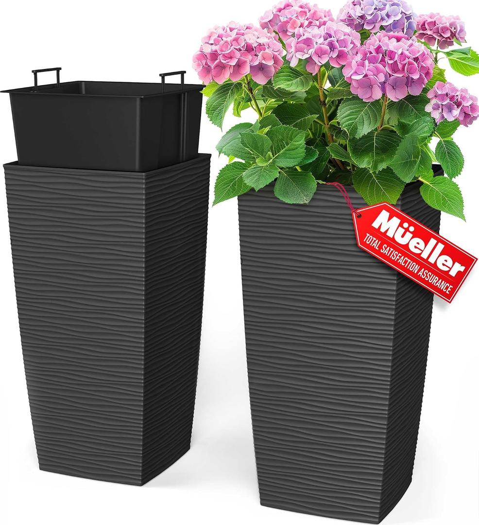 Mueller Janska M-Resin Heavy Duty Tall Planter, Indoor/Outdoor Grande Plant, Tree, Flower Pot, 2-Piece Set, 24, Modern Design, Built-in Drainage, Dark Gray