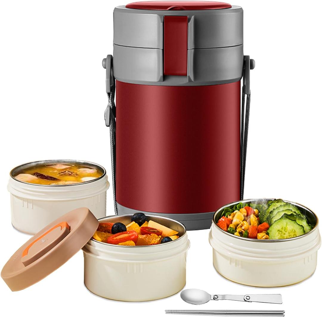 82oz Thermo Container For Hot Food, 3 Tier Wide Mouth Insulated Stackable Food Container, lunch box for Work Office Outdoors Picnic (RED)
