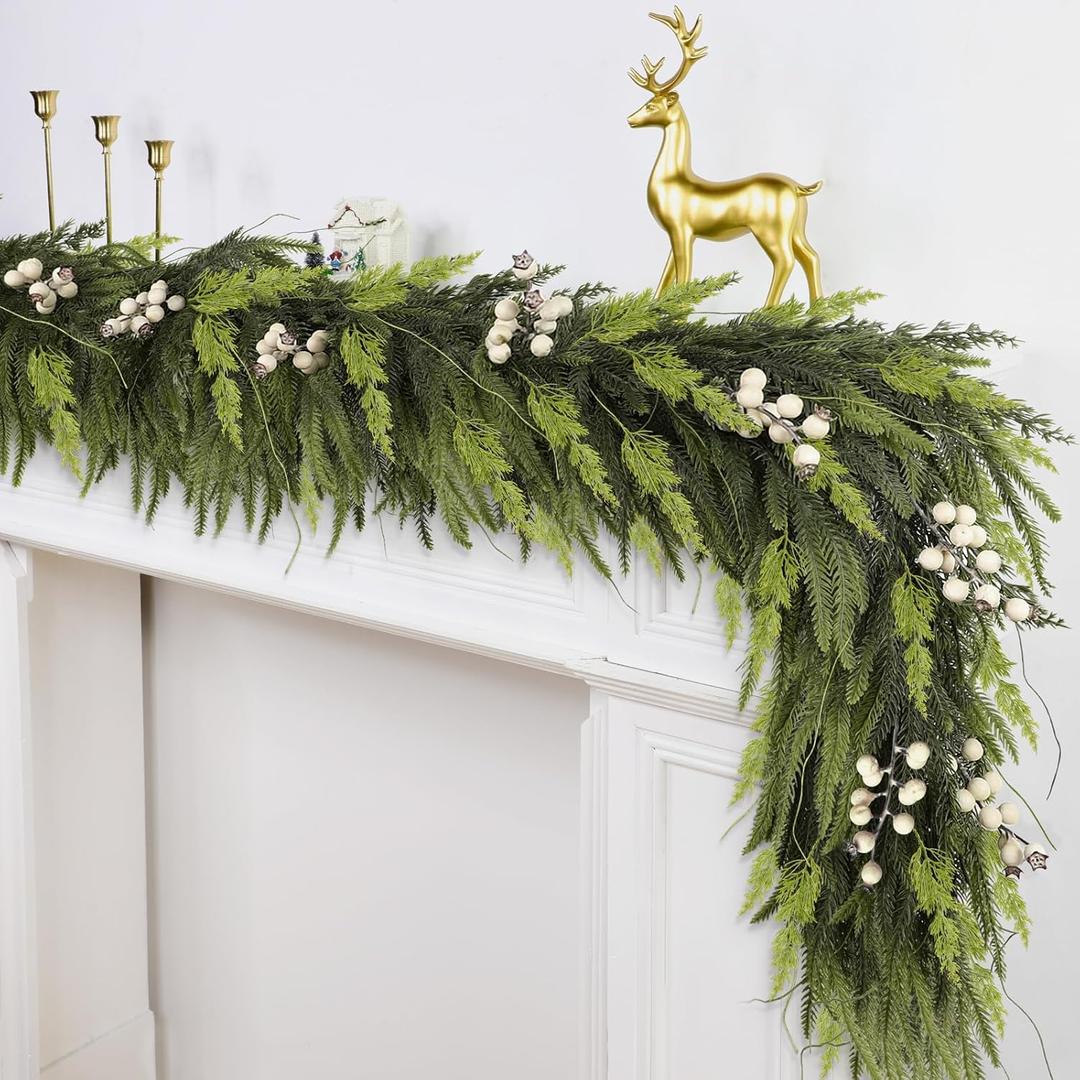 Artificial Spring Greenery Garland, 6 Ft by 10" Green Artificial Real Touch Pine Garlands with Realistic Norfolk Cedar Berries Vines Decor, Greenery Garland Home Mantle Indoor Outdoor Decoration