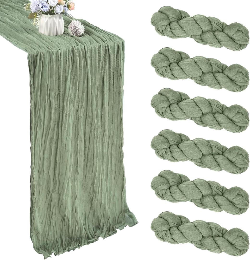 6 Pack Sage Green Cheesecloth Table Runner 35x120 Inch Gauze Rustic Boho Table Runner 10FT Cheese Cloth for Wedding Decor Party Bridal Baby Shower Spring Table Decoration