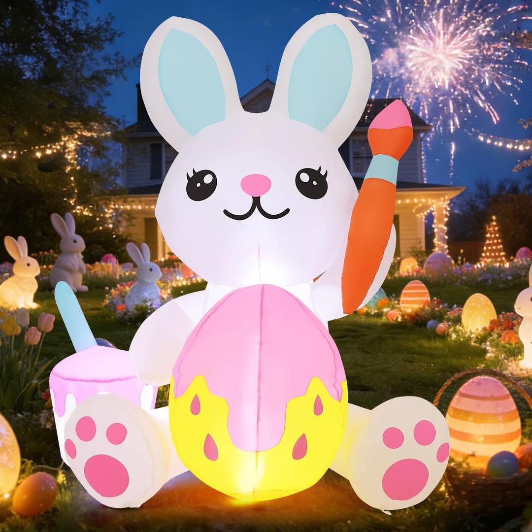GOOSH 5 FT Easter Inflatables Bunny Outdoor Decorations Cute Rabbit Draw Easter Eggs Blow Up Yard Decorations Easter Decor with Built-in LED Lights for Holiday Indoor Lawn Garden