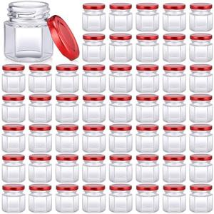 Nuogo 100 Pack 1.5oz Mini Hexagon Glass Jars Bulk for Wedding Small Honey Jars with Lids for Spice Canning Mason Gifts Candy Honey Wedding Party Favors DIY Crafts (Red)