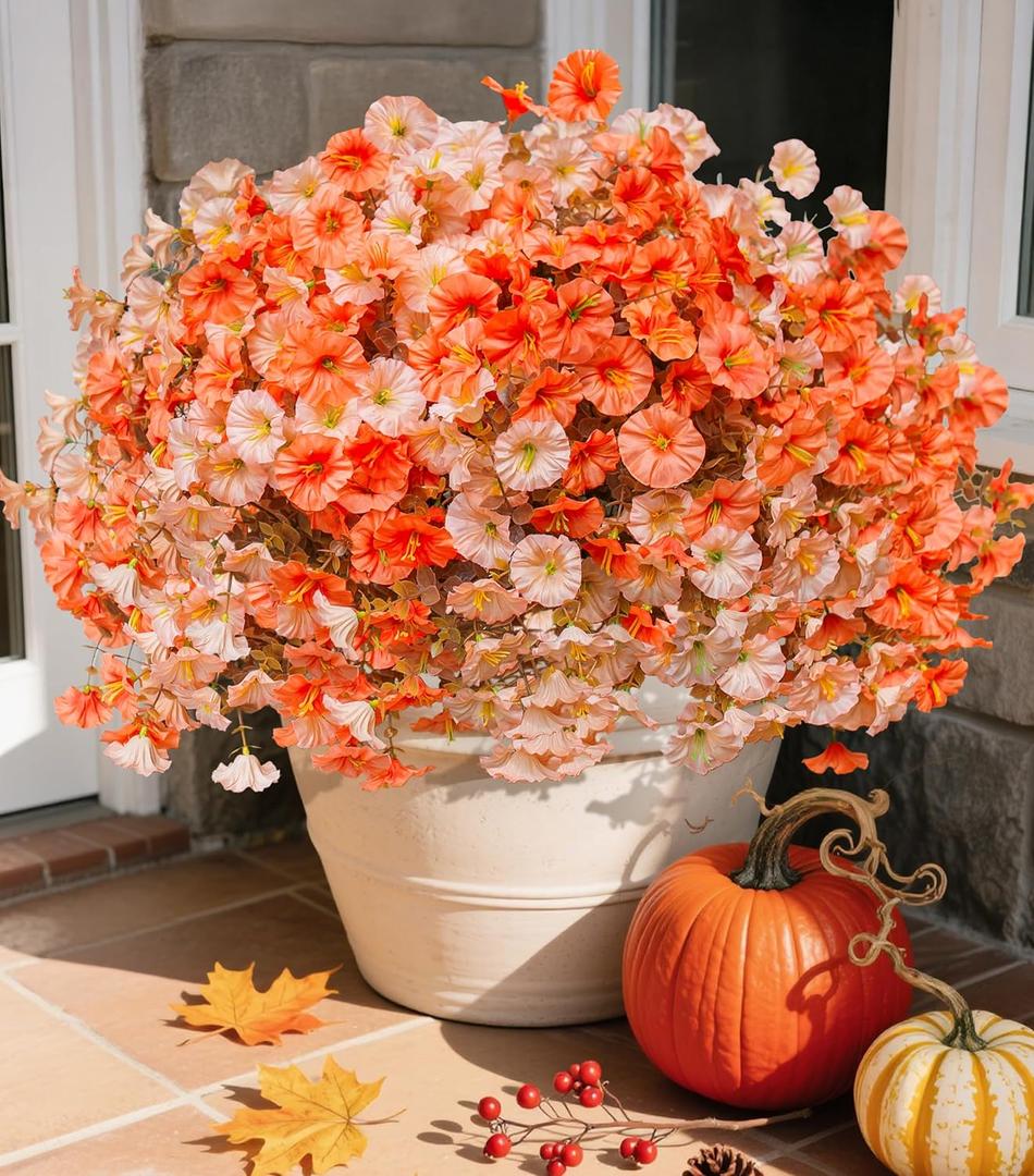 Fake Mums Fall Artificial Flowers Plants for Outdoors Autumn Decoration, 12 Bundles Silk Morning Glory with Eucalyptus Realistic UV Resistant Faux Mums for Outside Planter Yard Garden Home Indoor, Mix (2 Mixed Color(6 Orange, 6 Light Orange))