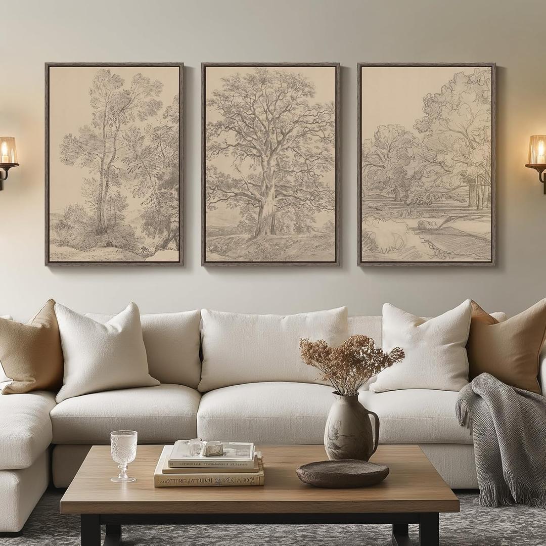 Large Vintage Framed Neutral Landscape Wall Art for Living Rooms, 3 Piece Retro Big Tree Sketch Botanical Forest Antique Canvas Artwork Set, Rustic Nature Wabi Sabi Art Prints for Hallway Home Office 24x36 Inch, 24" W x 36" H x 3Pcs