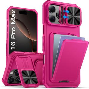 SSLOTSCASE for iPhone 16 Pro Max Case with Card Holder & Camera Stand & Kickstand & Slide Camera Lens Cover, Multifunctional Wallet Rugged Protective Phone Case Cover for iPhone 16 Pro Max 6.9'', Pink
