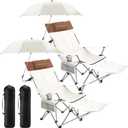 Yuntau 2 Set Reclining Beach Chairs with UPF 50+ Umbrellas Shade, Upgraded Heavy Duty Portable Folding Lounge Camping Chair with Canopy Removable Footrest & Headrest for Outdoor Patio(White)