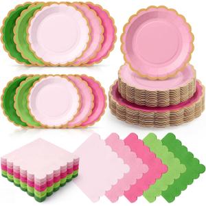 Zhehao 150 Pcs Summer Guava Plates and Napkins Tableware Serves 50 Includes 9 Inch 7 Inch Pink and Green Scalloped Wave Edges Paper Plate and Napkins for Wedding Birthday Baby Shower Party