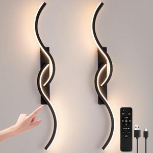 Battery Operated Wall Sconces, Rechargeable Wall Sconces, 3000K-6500K LED Wireless Wall Light, Modern Wall Lamp not Hardwired for Living Room Bedroom Hallway (Black), 31.49 inch