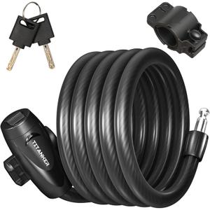 Titanker Bike Lock, Bike Lock Cable 6 Feet Coiled Secure Bicycle Locks with Keys Scooter Locks Bicycle Locker 1/2 Inch Thick Heavy Duty Anti Theft Bike Cable Lock with Mounting Bracket