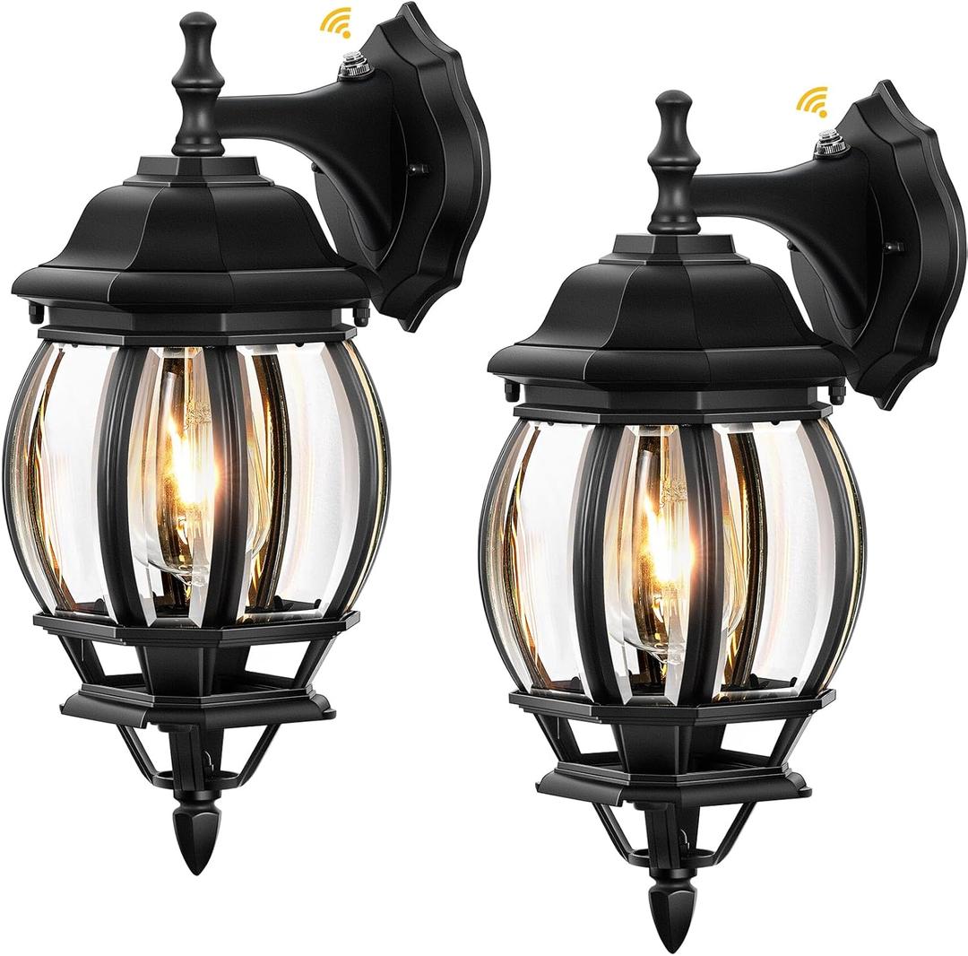 VIANIS Dusk to Dawn Porch Lights Outdoor, Black Exterior Light Fixtures Wall Mount for House, 2 Pack Modern Coach Lights for Garage with Tempered Glass, Anti-rust Outdoor Wall Sconce Lantern for Patio