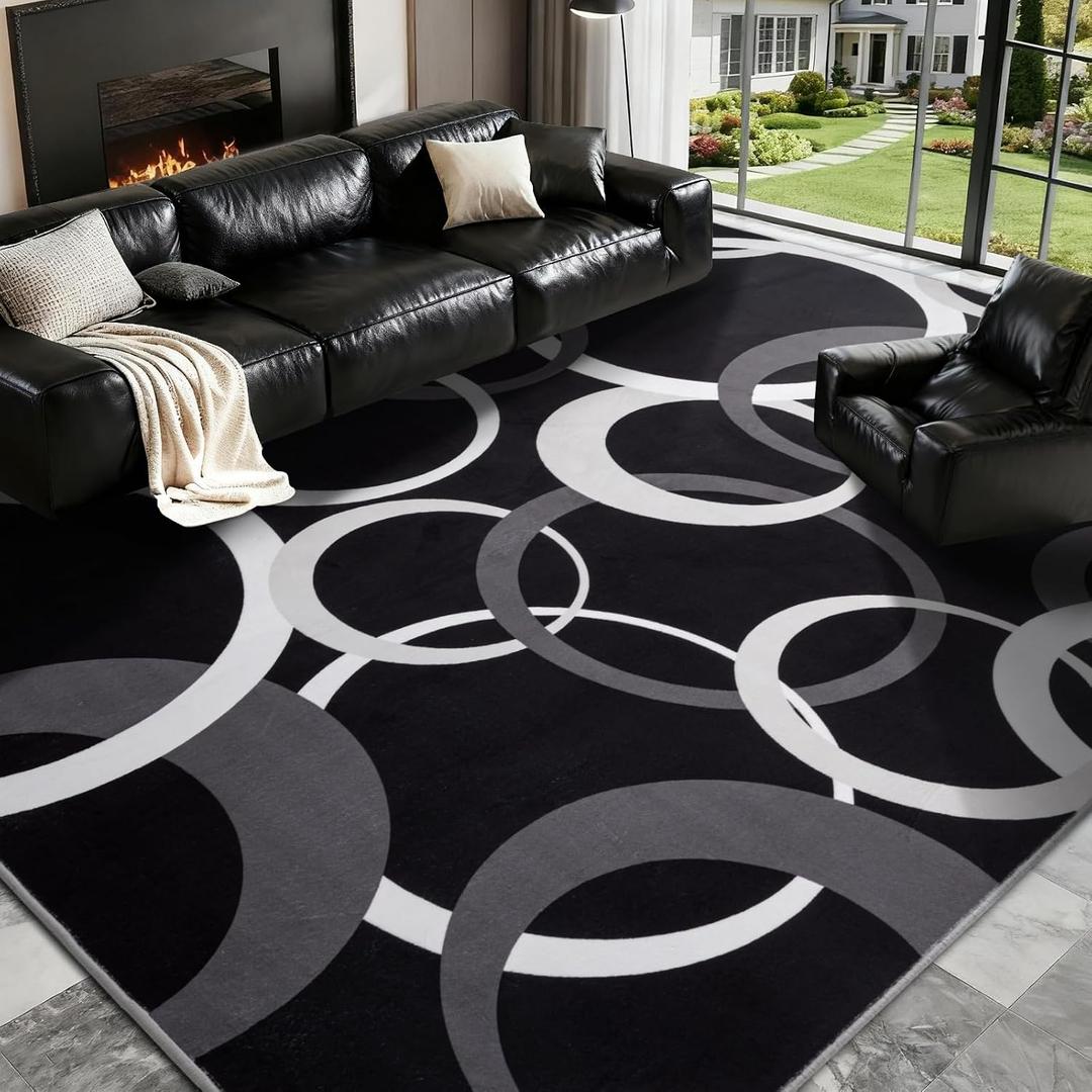 YIHOUSE Black and White 8x10 Area Rugs for Living Room, Circle Pattern Washable Rug for Bedroom Non Slip Low Pile, Soft Modern Carpet for Dining Room Playroom Home Office Decor