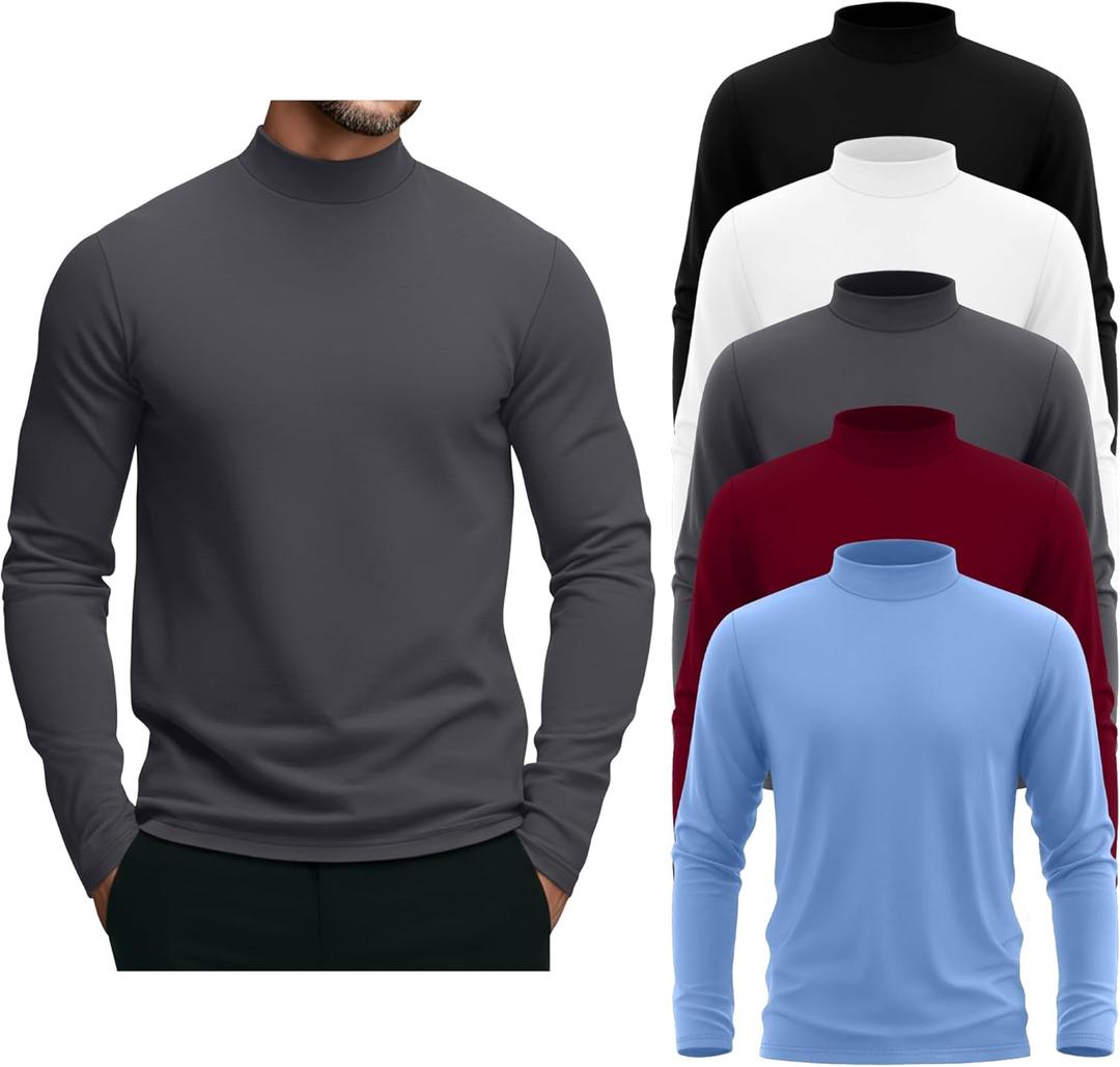 5 Pack Men's Mock Turtleneck Shirts, Long Sleeve Tops Pullover Basic Casual Slim Fit Lightweight T-Shirts Pack (Large, Black, White, Wine Red, Dark Gray, Light Blue)