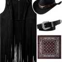 Hercicy Western Outfits for Women Cowgirl Costume Accessories Cowboy Hat Tassel Vest Cowboy Belt and Bandana 70s Hippie (Large, Black)