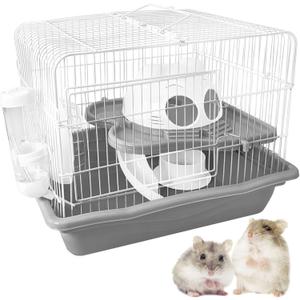 PINVNBY Dwarf Hamster Cage, Small Animal Cages, 2-Tier Travel Portable Mouse Cage Hamster Carrier with Castle House Running Exercise Wheels, Water Bottle and Food DisGray (13.78*10.23*11.02 in)
