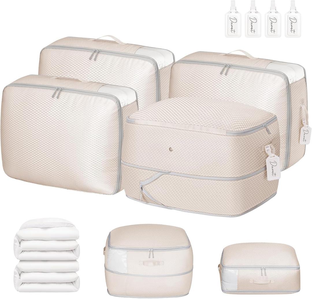 DIMJ Comforter Storage Bag 4 Pack - Blanket Storage Organizer Compression Bags, Large Capacity Ultra Space Saving Self Compression Organize for Bedding, Pillow, Duvet, Sheet Storage with Zipper Window (Beige)