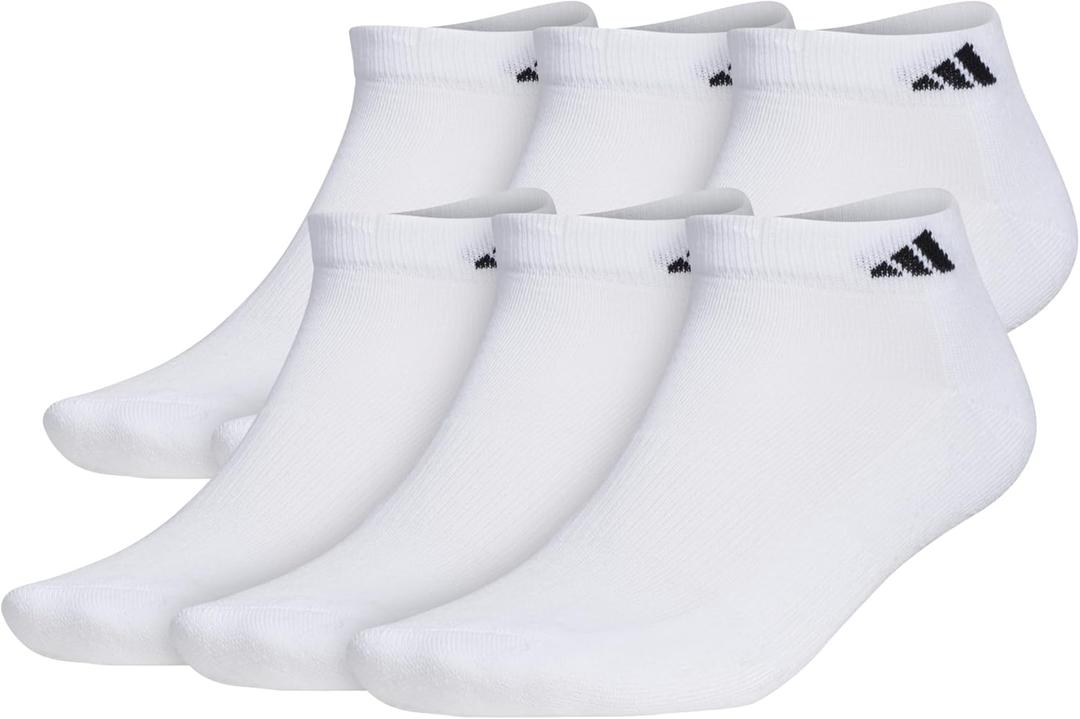 adidas Men's Athletic Cushioned Low Cut Ankle Socks (6 Pairs) Durable & Comfortable (12-15, White/Black)