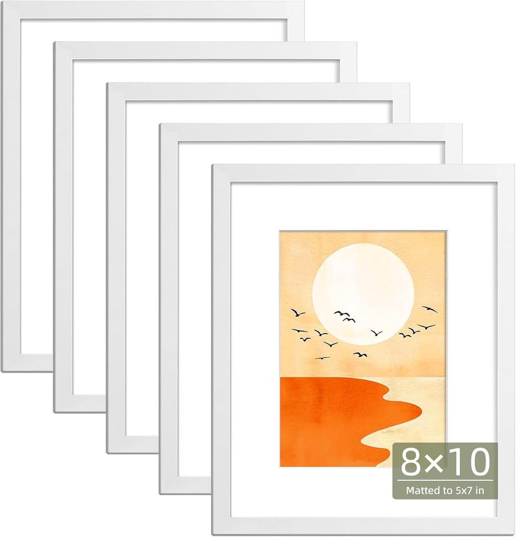 HappyHapi 8x10 Picture Frame Set of 5, Tabletop & Wall Display Pictures 5x7 with Mat or 8x10 Without Mat, Multi Gallery Photo Frames Collage (White)