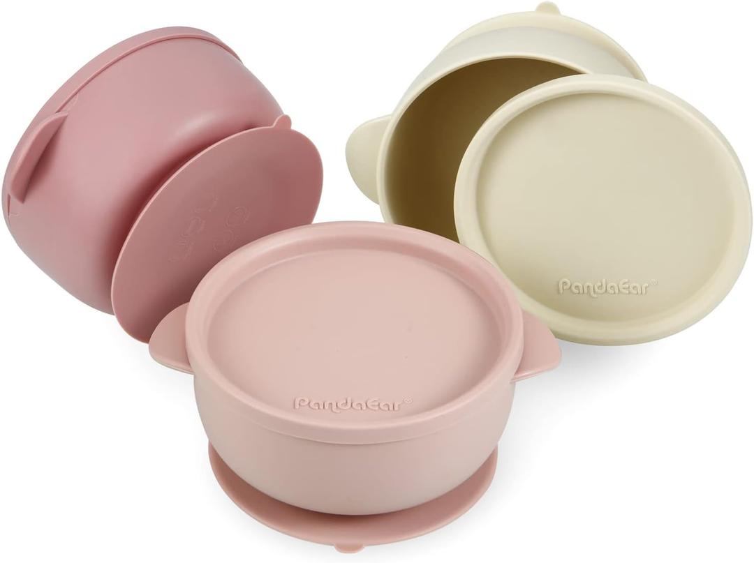 PandaEar 3 Pack Baby Bowls with Suction| Leak-Proof Stay Put Silicone Food Bowl with Lids for Babies Kids Toddlers Infants| Food Grade Soft Safe BPA-Free Silicone (Pink Rose Linen)
