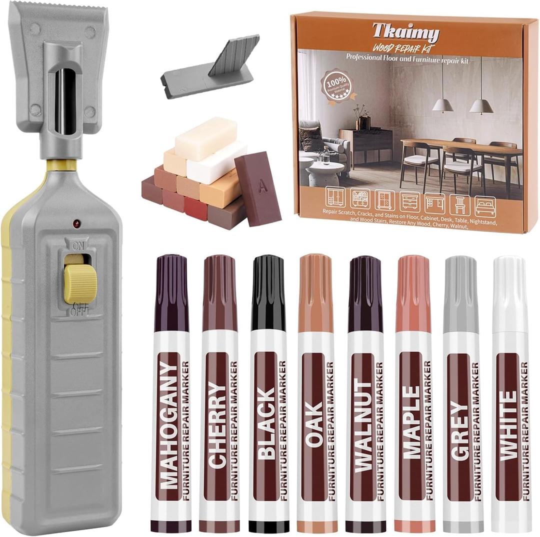 Laminate Floor Repair Kit with Heat Pen, 11 Color Wood Vinyl Floor Furniture Repair Kit Linoleum Repair Hard Wax Touch Up Marker Cover Scratches, Stains, Cracks, Holes for Door, Cabinet, Table