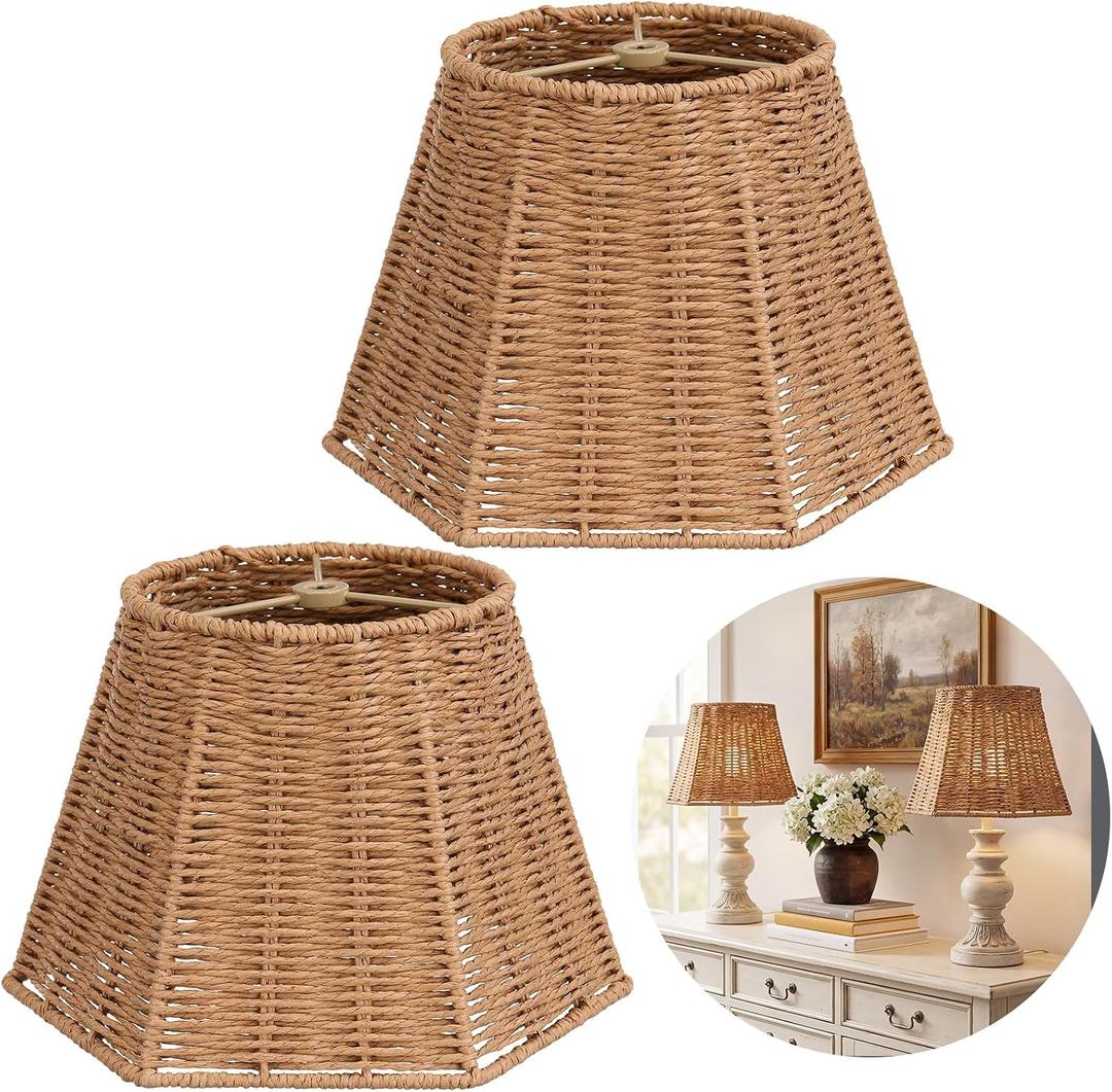 Woven Lamp Shades Set of 2, 6" x 10" x 8" Small Boho Lampshade Bell Shape Replacement Lampshade with Spider Fitter for Table Lamp Bedside Farmhouse Rustic (Paper Rope), 6" top x 10" bottom x 8" slant