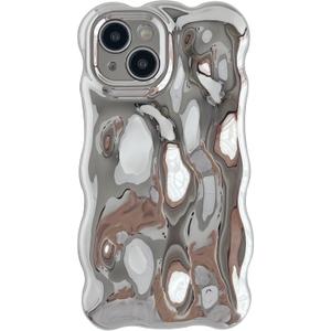 Caseative for iPhone 15 Case,Water Ripple Wave Meteorite Bubble Chrome Plating Electroplated Candy Phone Case (Silver)