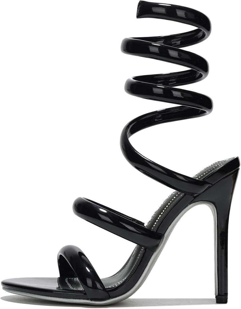 Cape Robbin Women's Spiral Coil Ankle Wrap Heels - Patent Metallic Stiletto Sandals 4 Inch - Sleek Coil Wrap High Heels Open Round Toe Evening Shoes (Faydra) (10, Black)
