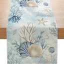 Coastal Sea Shell Starfish Table Runner 13x72 Inch Summer Ocean Beach Kitchen Dinning Table Decoration for Indoor Outdoor Home Party Dcor